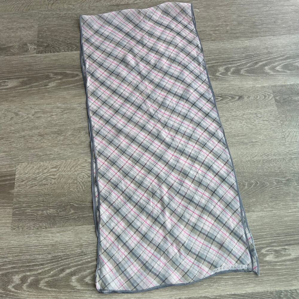 Marc Jacobs Silk Plaid Rectangular Scarf Lightweight Logo Detail - Picture 2 of 12